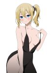  1girl areola_slip bare_shoulders black_dress blonde_hair blue_eyes blue_scrunchie blush breasts collarbone contrapposto coro_fae cowboy_shot dot_nose dress hair_between_eyes hand_up hayasaka_ai highres kaguya-sama_wa_kokurasetai_~tensai-tachi_no_renai_zunousen~ looking_at_viewer medium_breasts paid_reward_available plunging_neckline revealing_clothes scrunchie side_ponytail side_slit simple_background smile solo spaghetti_strap white_background 