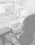  1boy 2girls ? ahoge at_computer beard blush bottomless cellphone chair computer cunnilingus delling_rembran desk facial_hair father_and_daughter gundam gundam_suisei_no_majo hand_on_another&#039;s_thigh heavy_breathing highres humao_san keyboard_(computer) looking_up miorine_rembran monitor monochrome motion_lines multiple_girls oral phone plant potted_plant sitting smartphone stealth_sex suletta_mercury trembling under_table video_call white_hair yuri 