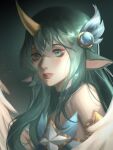  1girl bangs bare_shoulders bow choker gradient_background green_background green_choker green_eyes green_hair hair_between_eyes hair_ornament highres horns league_of_legends long_hair official_alternate_costume pointy_ears saikayo single_horn solo soraka_(league_of_legends) star_(symbol) star_guardian_(league_of_legends) star_guardian_soraka 