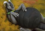  ambiguous_gender artist_name belly big_belly black_body black_scales claws collar digestion_noises dragon feral grass green_body green_collar green_eyes horn huge_belly lying motion_lines mouth_closed on_back plant roobin scales scalie solo white_claws white_horn 