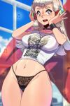  1girl blush brown_hair choker collarbone headphones highres kagato007 lace lace_panties long_hair looking_at_viewer music navel panties paya_(zelda) pointy_ears shirt short_sleeves solo stomach sweatdrop teeth thighs tongue underwear white_hair 