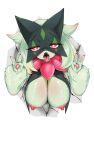  &lt;3 &lt;3_eyes 2023 3_fingers ahegao anthro areola bedroom_eyes big_breasts bodily_fluids breasts claws digital_media_(artwork) double_v_sign erect_nipples eyelashes female fingers fur generation_9_pokemon gesture green_body green_fur hanging_breasts hi_res looking_at_viewer looking_pleasured meowscarada narrowed_eyes nintendo nipples open_mouth pawpads pink_eyes pink_nose pink_pawpads pokemon pokemon_(species) poverty_(p9) saliva saliva_on_tongue saliva_string seductive solo through_wall tongue tongue_out tuft v_sign 