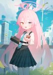  1girl absurdres ahoge blue_archive blush chocolate doribae food halo harness heterochromia highres holding holding_chocolate holding_food hoshino_(blue_archive) incoming_food long_hair outdoors pink_hair pleated_skirt school_uniform skirt smile solo straight_hair very_long_hair 