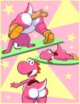  absurd_res anal anal_penetration anthro bent_over big_butt butt disembodied_penis female genitals group hi_res looking_at_viewer looking_back lying male marcodile mario_bros nintendo on_front penetration penis pink_body raised_leg solo yoshi 