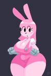  2:3 anthro big_breasts black_eyes blush blush_stickers breasts clothed clothing eyelashes female fur gloves grey_clothing grey_gloves grey_handwear hair handwear hi_res huge_breasts jjoyplus lagomorph leporid mammal overalls pink_body pink_fur pink_hair pink_overalls purple_background rabbit shirt simple_background solo thick_thighs topwear white_clothing white_shirt white_topwear wide_hips widget wow!_wow!_wubbzy! 