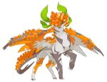  animal animal_focus asymmetrical_horns dragon flower foot_up full_body green_eyes horns leaf looking_at_viewer multicolored_eyes no_humans omarumaru one_eye_covered orange_eyes orange_flower original simple_background solo standing white_background wings 