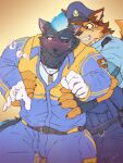  absurd_res anthro barrel_(live_a_hero) blush canid canine canis clothing duo embarrassed fire firefighter flaming_hair flaming_mane furlong_(live_a_hero) grin grope groping_from_behind hi_res hyena lifewonders live_a_hero male male/male mammal police_uniform pseudo_hair pseudo_mane shimazanbagu smile uniform wolf 