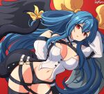  1girl absurdres asymmetrical_wings bare_shoulders blue_hair bow breasts choker cleavage detached_sleeves dizzy_(guilty_gear) groin guilty_gear hair_ribbon highres jay_flare large_breasts long_hair looking_at_viewer navel red_eyes ribbon solo tail tail_ornament tail_ribbon thighhighs twintails wings yellow_ribbon 