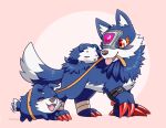  bandai_namco belt blue_body blue_fur canid canine claws digimon digimon_(species) evolutionary_family feral fur gem group hi_res leash loogamon mammal red_eyes thatsquirrelly tongue tongue_out trio 