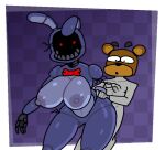  1_arm ambiguous_gender animatronic anthro areola big_breasts bow_tie breasts cotton_tail crushtrap duo exposed_endoskeleton female five_nights_at_freddy&#039;s five_nights_at_freddy&#039;s_2 grey_areola grey_body grey_nipples huge_breasts human lagomorph leporid machine male male/female mammal mask nipples one_ear_up purple_background purple_body rabbit red_eyes robot scottgames sex simple_background thick_thighs white_background wide_hips wire withered_bonnie_(fnaf) 