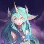  1girl animal_ears bangs bare_shoulders closed_mouth elbow_gloves gem gloves gradient_background green_eyes green_hair horns league_of_legends leotard long_hair looking_at_viewer official_alternate_costume pointy_ears purple_background saikayo single_horn smile solo soraka_(league_of_legends) star_(symbol) star_guardian_(league_of_legends) star_guardian_soraka 