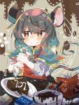  1girl animal_ears apron black_dress blue_capelet blush book candy capelet chocolate closed_mouth dress egg food grey_hair heart heart-shaped_chocolate highres holding long_sleeves mixing_bowl mouse_ears mouse_tail nazrin one-hour_drawing_challenge red_apron red_eyes shirt short_hair solo tail touhou udoku_oekaki white_shirt 