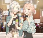  2girls :d bang_dream! bangs black_choker black_pants black_shirt blurry blurry_background blush choker cowboy_shot crop_top denim denim_jacket e1voipius52iwof food fur_trim green_eyes highres holding_ice_cream ice_cream jacket jacket_on_shoulders looking_at_viewer maruyama_aya medium_hair multiple_girls nail_polish navel pants pink_eyes pink_hair shirt shirt_tucked_in smile standing striped striped_shirt v wakamiya_eve white_hair white_pants wide_sleeves 