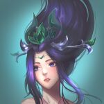  1girl absurdres bangs blue_eyes gem gradient_background green_background hair_ornament hair_up highres janna_(league_of_legends) league_of_legends long_hair parted_bangs portrait purple_hair saikayo solo star_guardian_(league_of_legends) star_guardian_janna teeth 