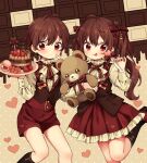 1boy 1girl ascot blush brown_hair cake chocolate dress female_child food hair_ribbon highres long_hair long_sleeves looking_at_viewer male_child original red_eyes red_ribbon red_shorts ribbon rii_(pixiv11152329) shirt shoes short_hair shorts siblings smile socks stuffed_animal stuffed_toy teddy_bear tongue tongue_out twins twintails valentine wavy_hair white_shirt 
