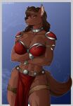  2023 abs anthro athletic athletic_anthro athletic_female big_breasts black_nose bottomwear bracelet breasts brown_body brown_fur brown_hair canid canid_demon cleavage clothed clothing collar crossed_arms demon ear_piercing ember_(jenorafeuer) fangs female fur hair hellhound hi_res jewelry loincloth mammal navel piercing planktonheretic shoulder_pads signature solo spiked_bracelet spiked_collar spikes teeth 