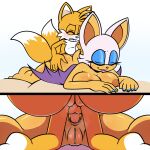  2_tails anal anal_penetration anthro anus balls bat big_breasts bite biting_lip blush breast_squish breasts canid canine duo eyes_closed female fox genitals hyoumaru looking_pleasured lying male male/female mammal miles_prower multi_tail nipples on_front penetration penis prone_bone rouge_the_bat sega sonic_the_hedgehog_(series) squish tail wings 