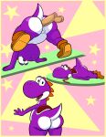  absurd_res anal anal_penetration anthro bent_over big_butt butt disembodied_penis female genitals group hi_res looking_at_viewer looking_back lying male marcodile mario_bros nintendo on_front penetration penis purple_body raised_leg solo yoshi 