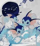  :&lt; ;/ animal_focus bath bathing blue_eyes bubble closed_mouth commentary fish hand_on_another&#039;s_head lil night night_sky no_humans plant pokemon pokemon_(creature) potted_plant sky soap_bubbles star_(symbol) symbol-only_commentary tongue tongue_out vaporeon window 