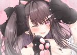  1girl :p animal_ears animal_hands apron azur_lane bangs bare_shoulders black_hair cat_ears cat_paws chocolate chocolate_on_body chocolate_on_breasts collarbone fake_animal_ears fish_hair_ornament food_on_body hair_ornament hand_up highres long_hair looking_at_viewer mikuchi3939 naked_apron official_alternate_costume one_eye_closed pamiat_merkuria_(azur_lane) pamiat_merkuria_(mercurial_chocolate_love)_(azur_lane) pink_background pink_eyes ribbon solo sparkle_background tongue tongue_out white_apron 