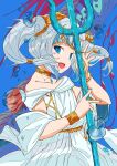  1girl bangs bare_shoulders blue_background blue_eyes bracelet collarbone dress gawr_gura gem gold_choker grey_hair highres holding_trident hololive jewelry looking_at_viewer multicolored_hair polearm sharp_teeth solo streaked_hair teeth trident upper_body water_drop weapon white_dress xtango 