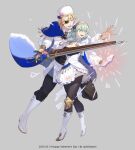  1boy 1girl alternate_costume blonde_hair blue_eyes book breasts byleth_(female)_(fire_emblem) byleth_(fire_emblem) cleavage dimitri_alexandre_blaiddyd eyepatch fire_emblem fire_emblem:_three_houses green_eyes high_heels highres holding holding_weapon long_sleeves magic medium_hair official_style pantyhose puffy_sleeves sword tachi_(tachibana) weapon 