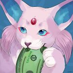  ambiguous_gender artist_name blue_background blue_eyes blue_inner_ear blue_sclera cheek_tuft facial_tuft feral front_view fur glistening glistening_eyes money money_in_mouth nintendo pink_body pink_ears pink_fur pokemon purple_nose roobin simple_background solo species_request tuft 