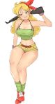  1girl bare_shoulders blonde_hair breasts crop_top dragon_ball fingerless_gloves full_body gloves green_eyes grin gun highres hikikomoriamy large_breasts legs long_hair looking_at_viewer lunch_(dragon_ball) midriff navel rifle shoes shorts simple_background smile sneakers socks solo weapon white_background 
