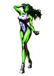  abs breasts cleavage fingerless_gloves gloves green_eyes green_hair green_skin hair_flip highres jennifer_walters large_breasts legs long_hair long_legs marvel marvel_vs._capcom marvel_vs._capcom_3 mori_toshiaki muscle muscular_female official_art one-piece_swimsuit she-hulk smile solo swimsuit thighs 