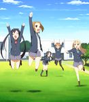  absurdres akiyama_mio black_eyes black_hair blonde_hair blue_eyes brown_hair building closed_eyes gia_kon highres hirasawa_yui jumping k-on! kotobuki_tsumugi multiple_girls nakano_azusa pantyhose school_uniform tainaka_ritsu 