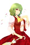  ascot closed_umbrella cowboy_shot green_hair hand_on_own_chest highres kazami_yuuka lips long_skirt petals plaid plaid_skirt plaid_vest red_eyes short_hair simple_background skirt skirt_set smile smirk solo touhou umbrella vest white_background yoi 