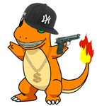 $ baseball_cap charmander gold_chain gun handgun hat lowres new_york_yankees photoshop pokemon weapon 