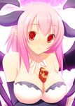  47agdragon bare_shoulders between_breasts breasts chocolate cleavage crossed_arms demon_girl elbow_gloves gift_between_breasts gloves highres horns large_breasts long_hair pink_hair pixiv_fantasia pixiv_fantasia_4 pointy_ears red_eyes smile solo valentine 