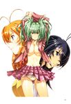  absurdres antenna_hair arms_up black_hair blue_eyes breasts green_eyes green_hair highres ikkitousen kan'u_unchou large_breasts multiple_girls navel open_clothes open_shirt orange_hair panties red_skirt ryofu_housen shirt skirt sonsaku_hakufu striped striped_panties underwear urushihara_satoshi 