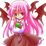  adjusting_eyewear bat_wings bespectacled book glasses head_wings koakuma long_hair lowres necktie pink_eyes pink_hair solo tilde_(ice_cube) touhou wings 