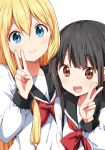  2girls :d amatsuka_poi black_hair black_sailor_collar blonde_hair blue_eyes blush bow brown_eyes chijou_noko chikanoko closed_mouth fingernails hand_up highres long_hair long_sleeves multiple_girls open_mouth ragho_no_erika red_bow sailor_collar school_uniform serafuku shirt sidelocks simple_background smile upper_body v very_long_hair white_background white_shirt 