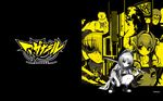  5girls armband axanael beanie bird bokken crane_(animal) dog fujimi_ena glasses gun hat highres logo monochrome moon multiple_girls nitori_taito noko_(axanael) official_art ousu_chiaki sakura_(axanael) sword tsuji_santa wallpaper watanuki_fuuri weapon wooden_sword yellow yuujirou 