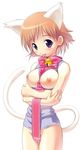  :p animal_ears bell between_breasts bottomless breasts cat_ears highres jingle_bell jpeg_artifacts medium_breasts no_panties purple_eyes ribbon short_hair solo tail tongue tongue_out topless 