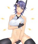  1girl bare_shoulders black_gloves black_legwear bottomless breasts eyepatch fingerless_gloves gloves grin highres hikikomoriamy kantai_collection large_breasts looking_at_viewer navel no_panties pubic_hair purple_hair short_hair simple_background smile solo tenryuu_(kantai_collection) thighhighs white_background yellow_eyes 