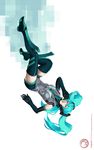  alternate_costume aqua_eyes aqua_hair bare_shoulders boots elbow_gloves falling gloves hatsune_miku highres long_hair miguel_mercado plugsuit solo thigh_boots thighhighs twintails upside-down vocaloid zettai_ryouiki 
