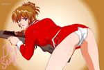  agent_aika ass bent_over brown_hair gun panties pantyshot short_hair skirt sumeragi_aika underwear upskirt weapon yamauchi_noriyasu 