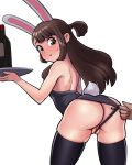  1girl animal_ears ass blush brown_hair bunny_ears bunny_tail bunnysuit donburikazoku embarrassed from_behind hip_focus kagari_atsuko little_witch_academia long_hair looking_back tail thighhighs thighs wide_hips 