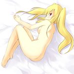  ass back barefoot blonde_hair breasts feet kuro_(be_ok) long_hair looking_at_viewer looking_back lying nude on_side original red_eyes small_breasts soles solo twintails 