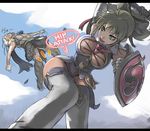  1girl algol bad_id bad_pixiv_id battle blonde_hair blue_eyes boots bow breasts cassandra_alexandra cleavage cleavage_cutout elbow_gloves face gameplay_mechanics gloves green_eyes hair_bow hip_attack hips large_breasts letterboxed pauldrons shield soulcalibur sword tea_(nakenashi) thigh_boots thighhighs weapon white_gloves 