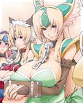  animal_ears bad_id bad_pixiv_id bdsm blonde_hair blue_eyes bondage bound breasts chain cleavage dameyo elbow_gloves fenrir_knight gloves helmet horn huge_breasts long_hair multiple_girls multiple_persona riesz seiken_densetsu seiken_densetsu_3 star_lancer winged_helmet wolf_ears 