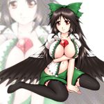  black_legwear black_wings blush bow breast_hold breasts brown_eyes brown_hair genjuu_rou green_bow hair_bow large_breasts long_hair midriff open_clothes open_shirt red_eyes reiuji_utsuho shirt skirt smile solo thighhighs third_eye touhou wings zoom_layer 