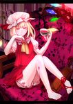  absurdres armchair bad_id bad_pixiv_id barefoot blonde_hair bloomers chair cup feet flandre_scarlet hat highres knees_up letterboxed ponytail red_eyes ribbon short_hair side_ponytail sitting solo tea teacup touhou underwear watari_(hasumi_rina) wings 