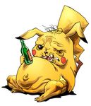  beer_bottle bottle cigarette dirty drunk fat full_body gen_1_pokemon hermesgildo looking_at_viewer missing_tooth mouth_hold navel no_humans older open_mouth pikachu pokemon pokemon_(creature) simple_background smoking stomach sweat white_background wine_bottle 