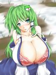  aqua_eyes bare_shoulders blue_eyes blush bow bow_bra bra breasts cleavage collarbone detached_sleeves frog from_above gigantic_breasts green_hair hair_tubes head_tilt highres kochiya_sanae kurokawa_otogi lace lace-trimmed_bra lingerie long_hair looking_at_viewer looking_up nose_blush on_floor outdoors parted_lips pink_bra side_ponytail sitting snake snow solo swamp touhou underwear vest 