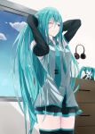  1girl adjusting_hair aqua_eyes aqua_hair arms_up bare_shoulders blush breasts cabinet character_doll cloud commentary detached_sleeves hair_ornament hair_ornament_removed hatsune_miku headphones headset highres long_hair medium_breasts messy_hair milaria necktie one_eye_closed skirt sky solo thighhighs very_long_hair vocaloid window zettai_ryouiki 